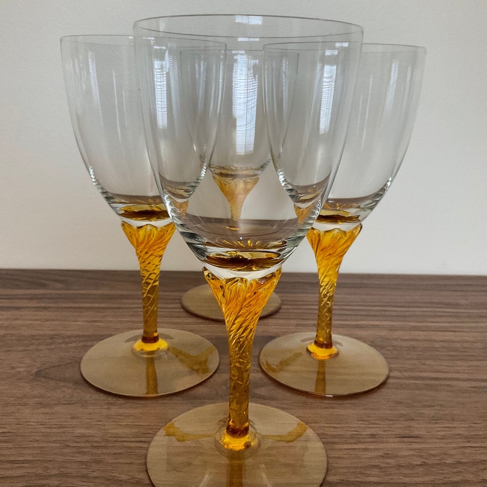 Vintage amber twisted stem wine glasses, set of 4